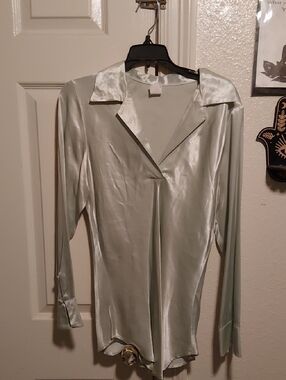 Satin Long Sleeve Button-Front Blouse in Pale Sage